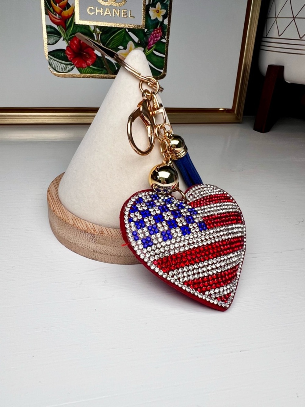 Sparkling Patriotic Heart Keychain Bag Charm and Card Holder - Red, White & Blue - Picture 5 of 7